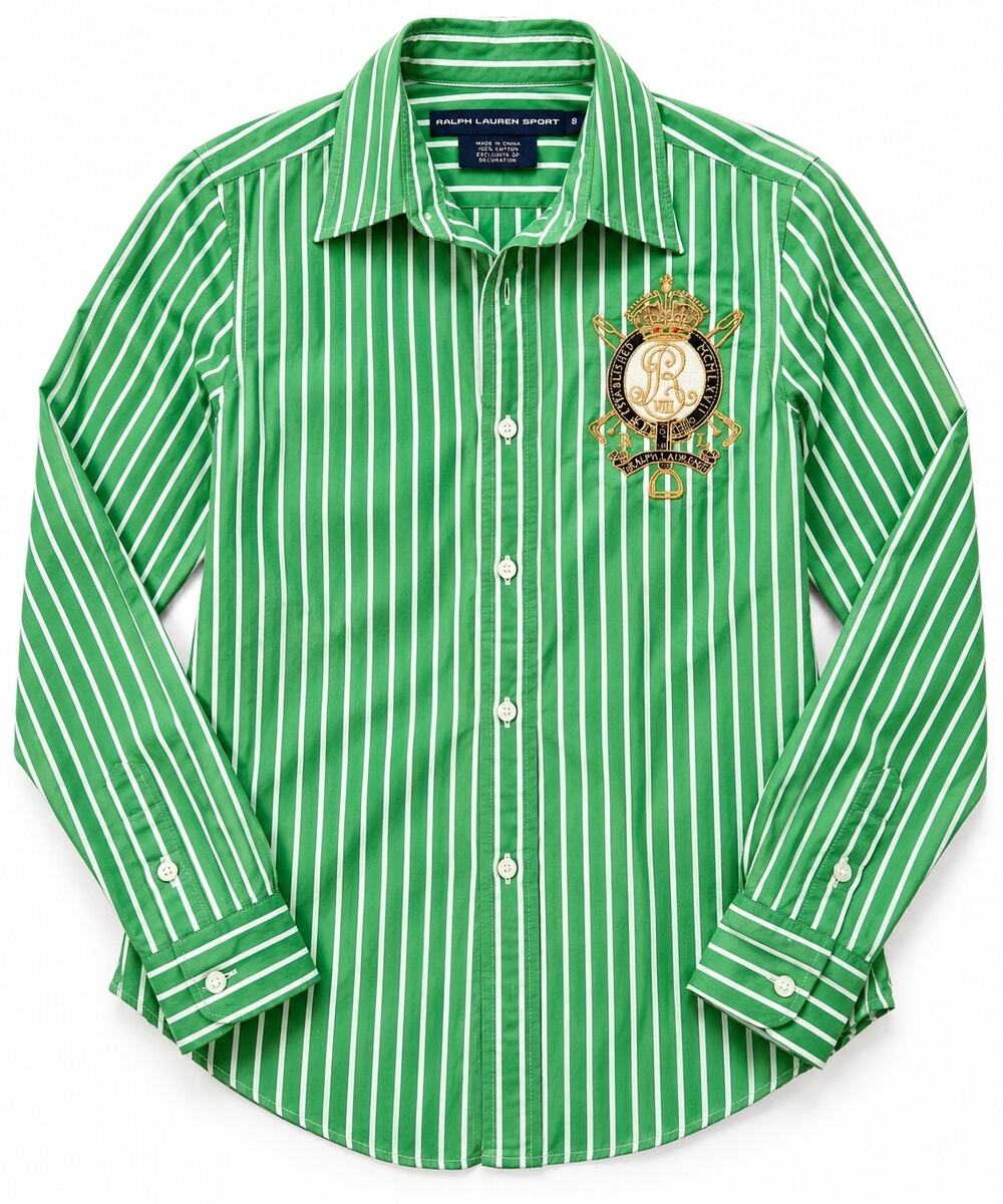 Y2K Ralph Lauren Sport Women 8 Green Stripe Crest Equestrian Button Down Shirt